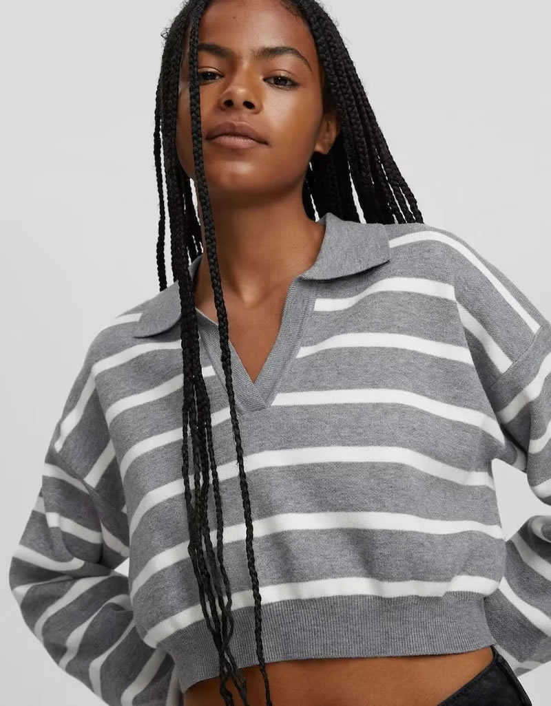 Fashion Grey V-neck Striped Knit Top,Sweater