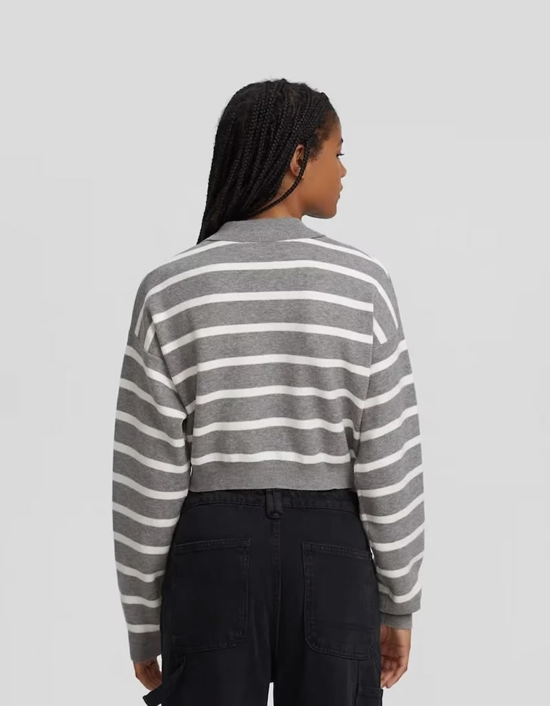 Fashion Grey V-neck Striped Knit Top,Sweater