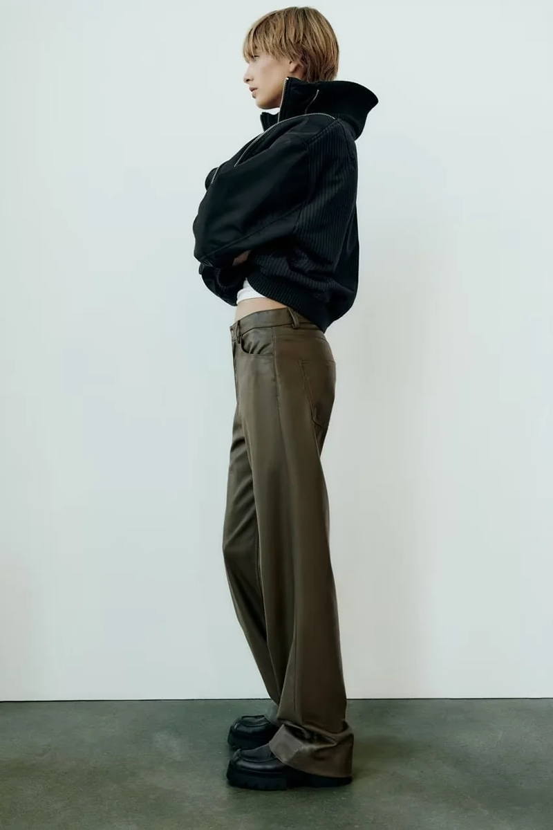 Fashion Armygreen Leather Straight-leg Trousers,Pants