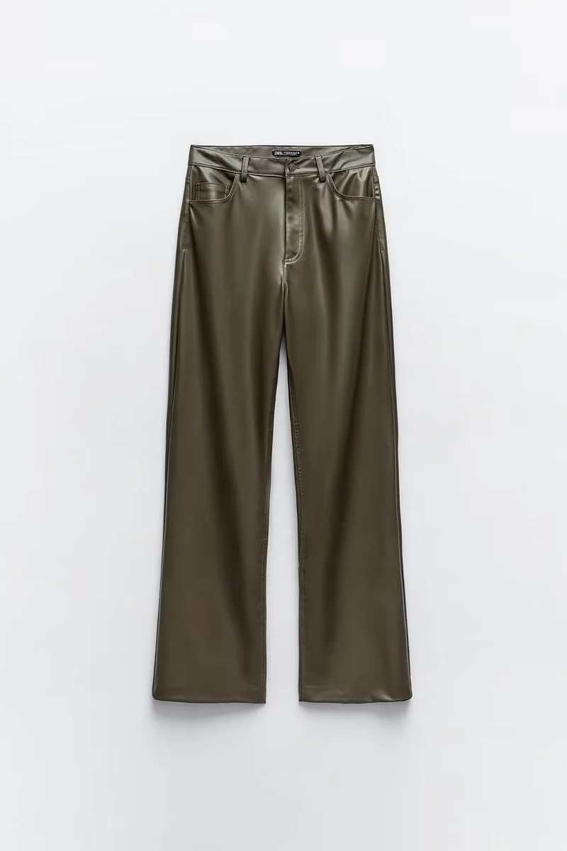 Fashion Armygreen Leather Straight-leg Trousers,Pants