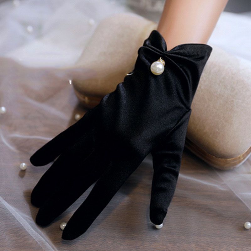 Fashion Black Satin Pearl Five Finger Gloves,Full Finger Gloves