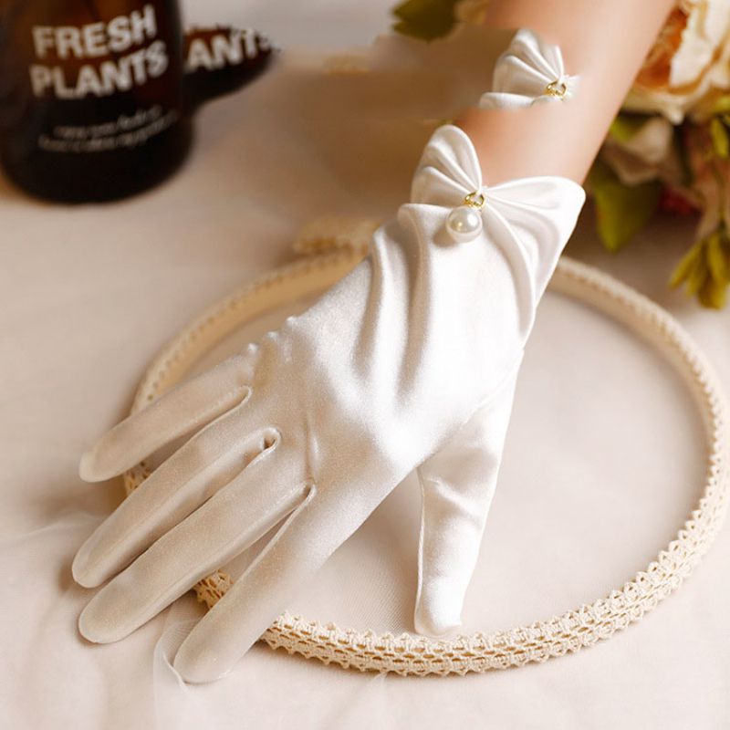 Fashion Black Satin Pearl Five Finger Gloves,Full Finger Gloves