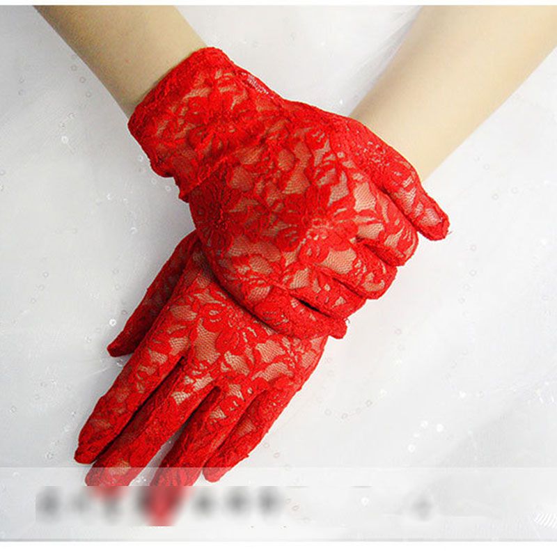 Fashion Red Lace Embroidered Five-finger Gloves,Full Finger Gloves