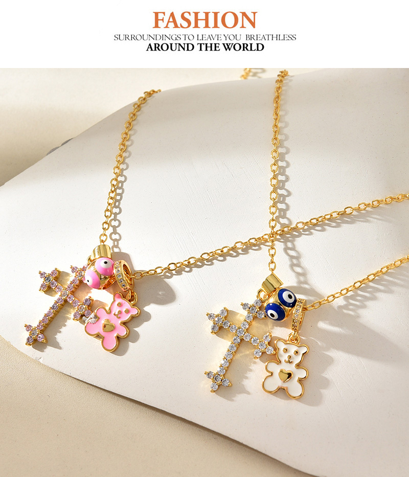 Fashion Pink Copper Set Zircon Cross Oil Dripping Eyes Bear Pendant Necklace,Necklaces