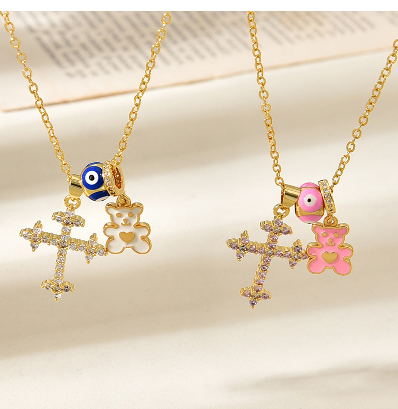 Fashion Pink Copper Set Zircon Cross Oil Dripping Eyes Bear Pendant Necklace,Necklaces