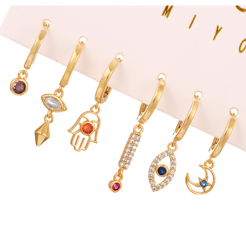 Fashion Gold Copper Inlaid Zirconium Palm Eye Pendant Earrings Set Of 6 Pieces,Earring Set