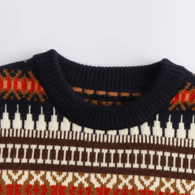 Fashion Coffee Cotton Jacquard Crew Neck Long-sleeve Sweater,Sweater