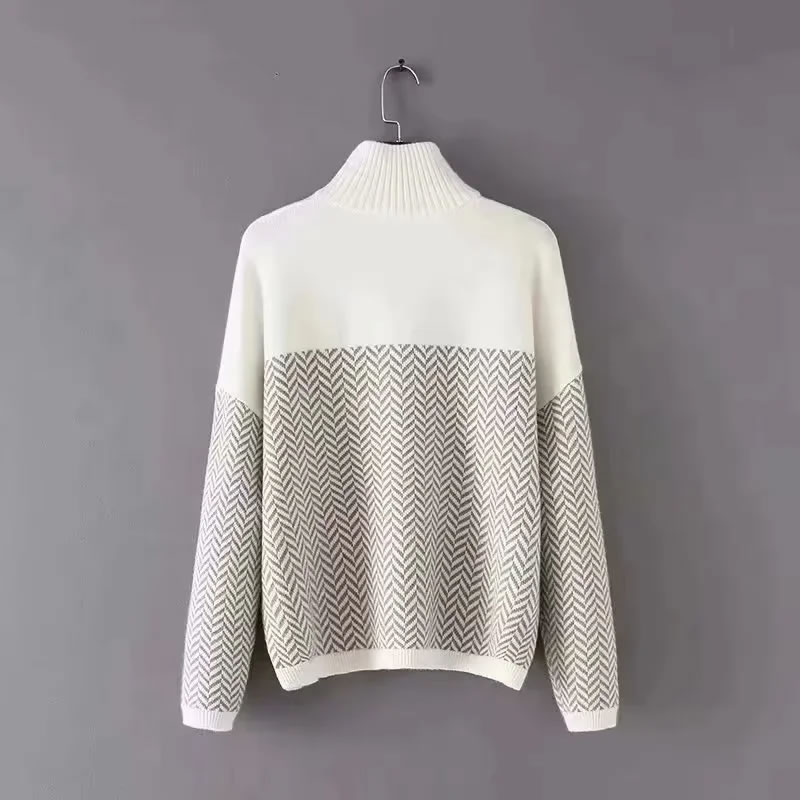 Fashion White + Oatmeal Color Wave Contrast Turtleneck Sweater,Sweater