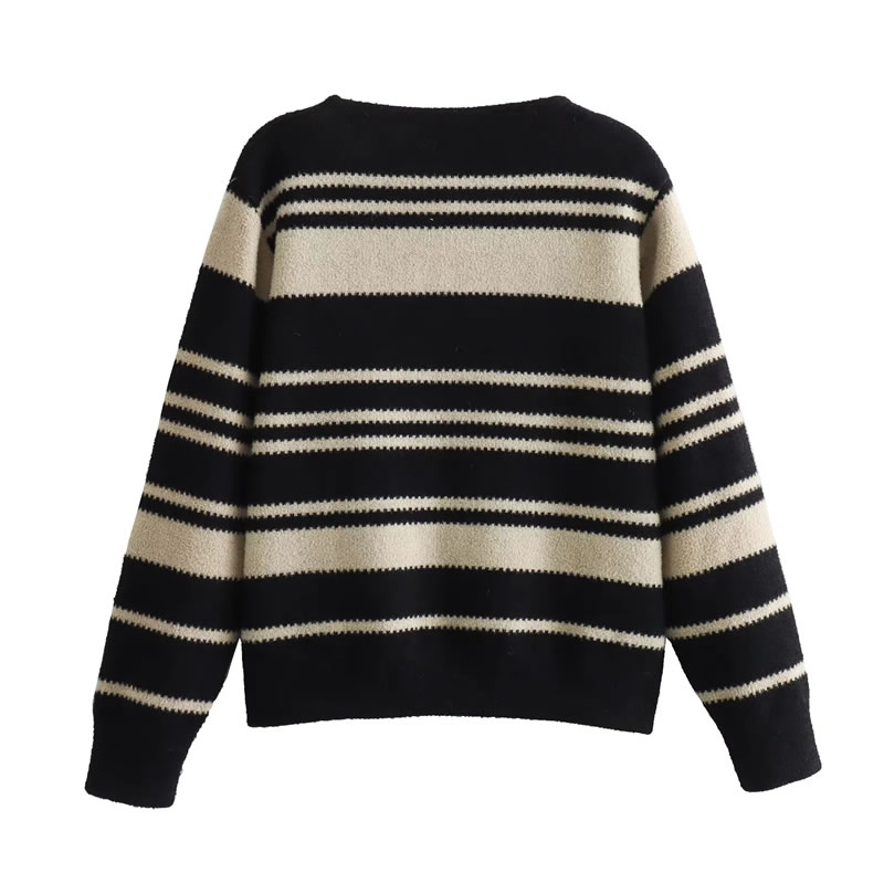 Fashion Black Crew Neck Striped Knitted Sweater,Sweater