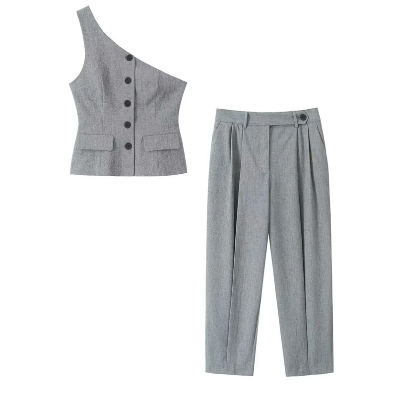 Fashion Grey Polyester Button-down Vest And Pleated Trousers Suit,Tank Tops & Camis