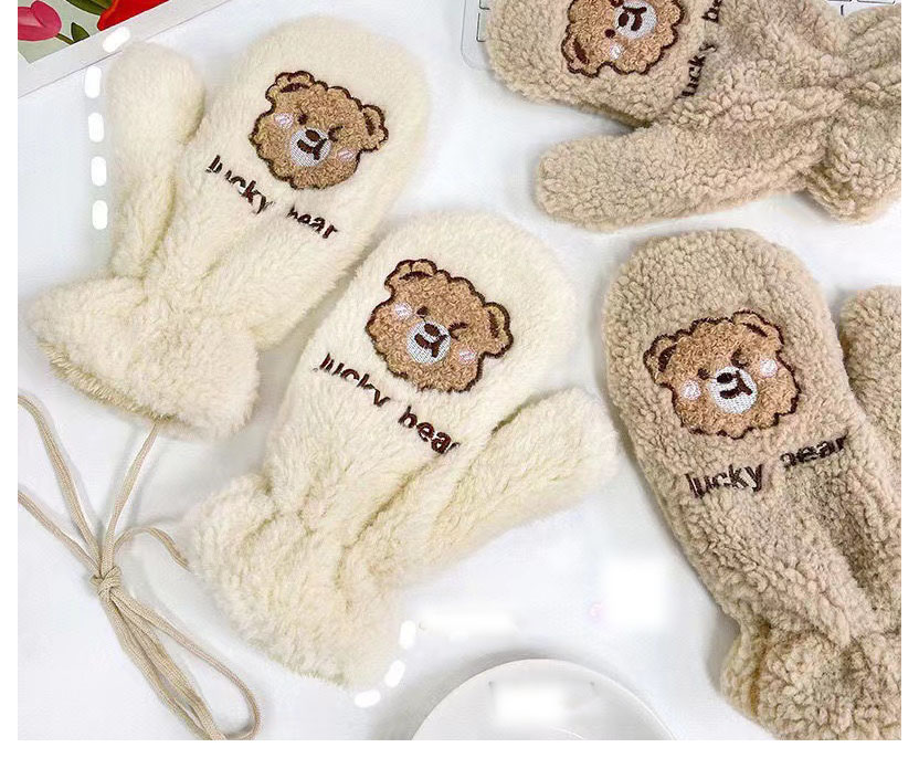 Fashion Grey Bear Embroidered Plush All-inclusive Gloves,Full Finger Gloves