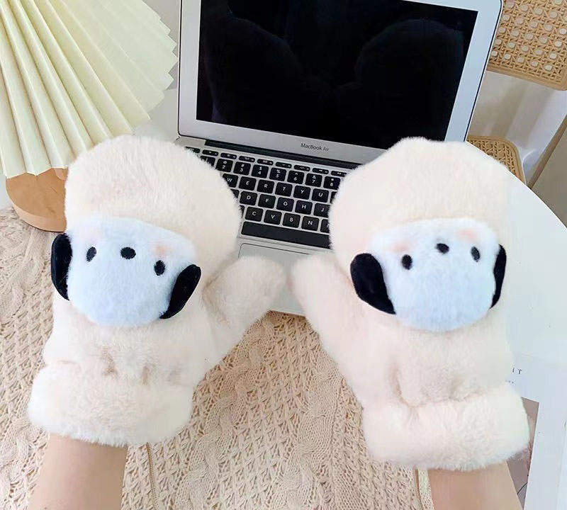 Fashion 【blush Dog】white Imitation Rabbit Fur Three-dimensional Puppy All-inclusive Gloves,Full Finger Gloves