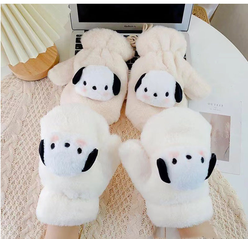 Fashion 【blush Dog】white Imitation Rabbit Fur Three-dimensional Puppy All-inclusive Gloves,Full Finger Gloves