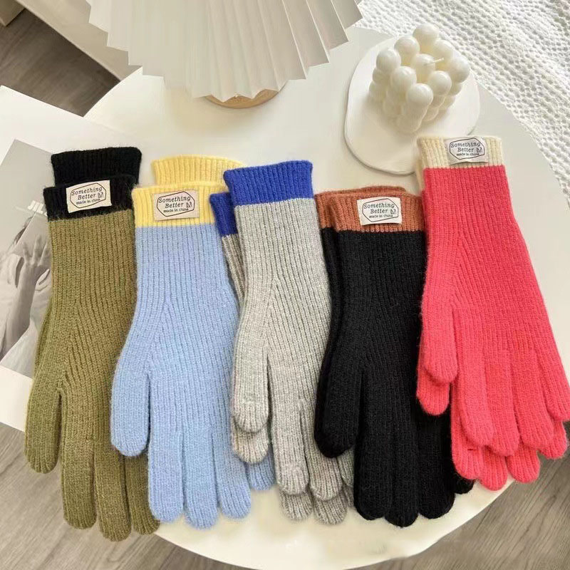Fashion Rose Red Cotton Color-block Knit Five-finger Gloves,Full Finger Gloves