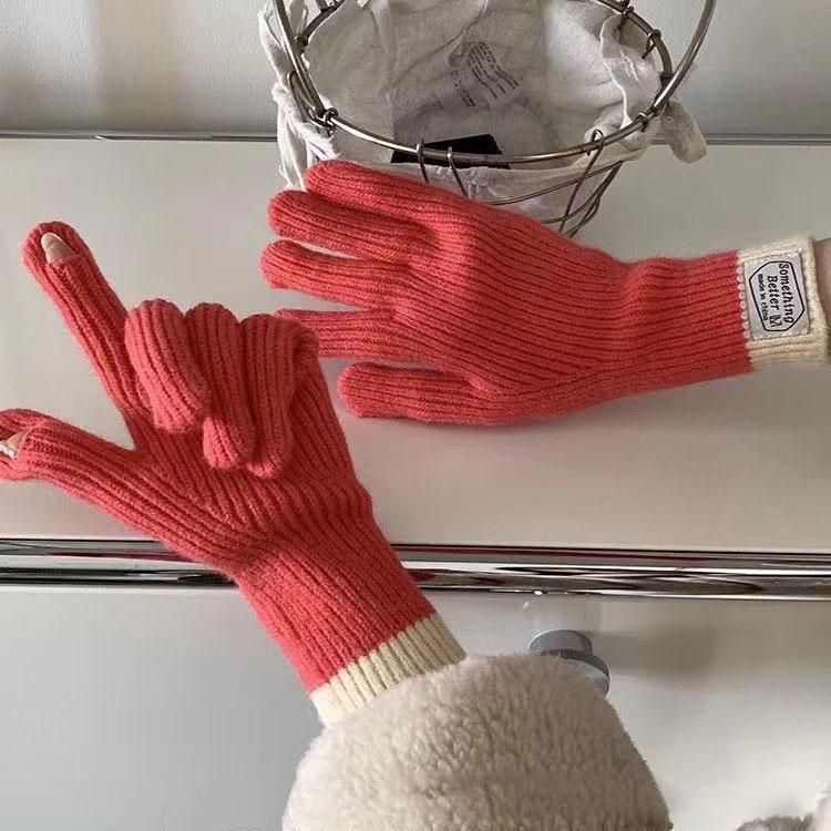 Fashion Rose Red Cotton Color-block Knit Five-finger Gloves,Full Finger Gloves