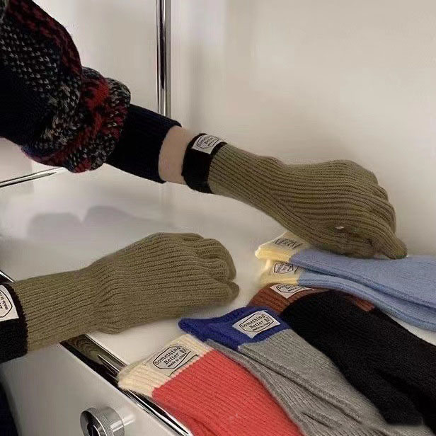 Fashion Grey Cotton Color-block Knit Five-finger Gloves,Full Finger Gloves