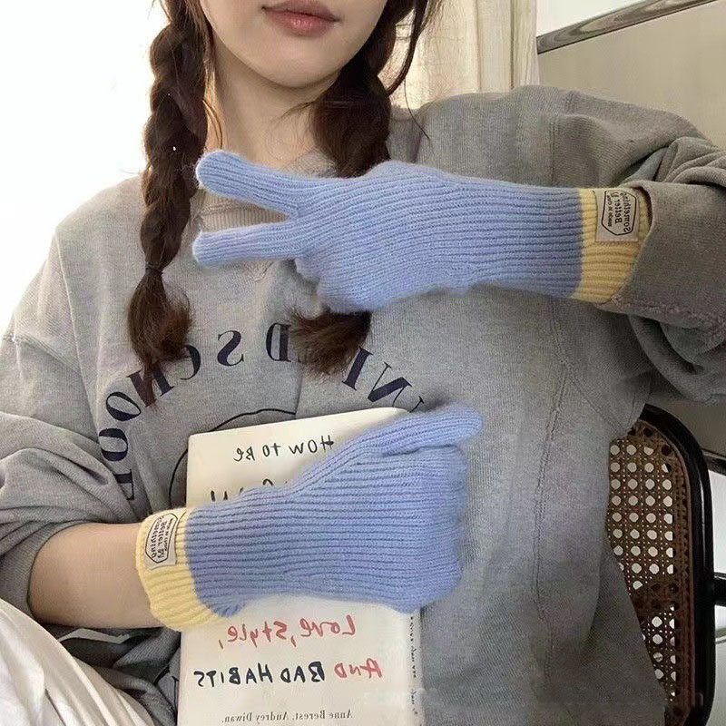 Fashion Blue Cotton Color-block Knit Five-finger Gloves,Full Finger Gloves