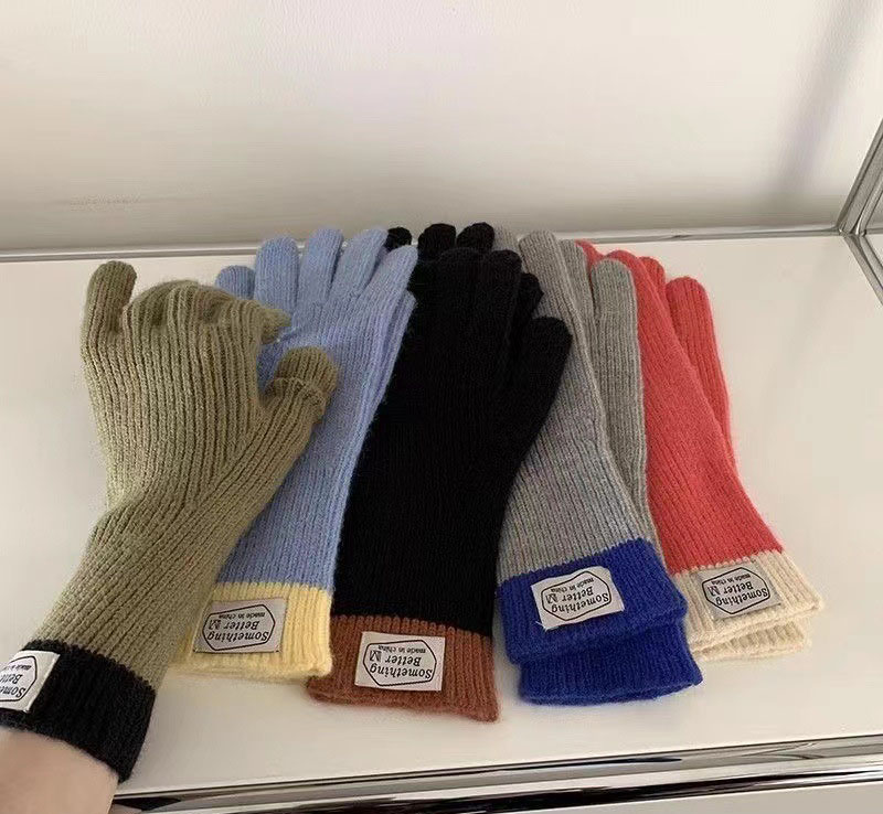 Fashion Blue Cotton Color-block Knit Five-finger Gloves,Full Finger Gloves