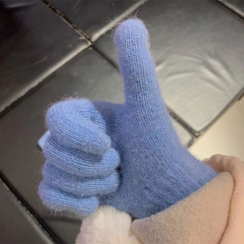 Fashion Smoke Blue Solid Color Knitted Five-finger Gloves,Full Finger Gloves