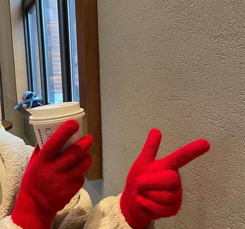 Fashion Bright Red Solid Color Knitted Five-finger Gloves,Full Finger Gloves