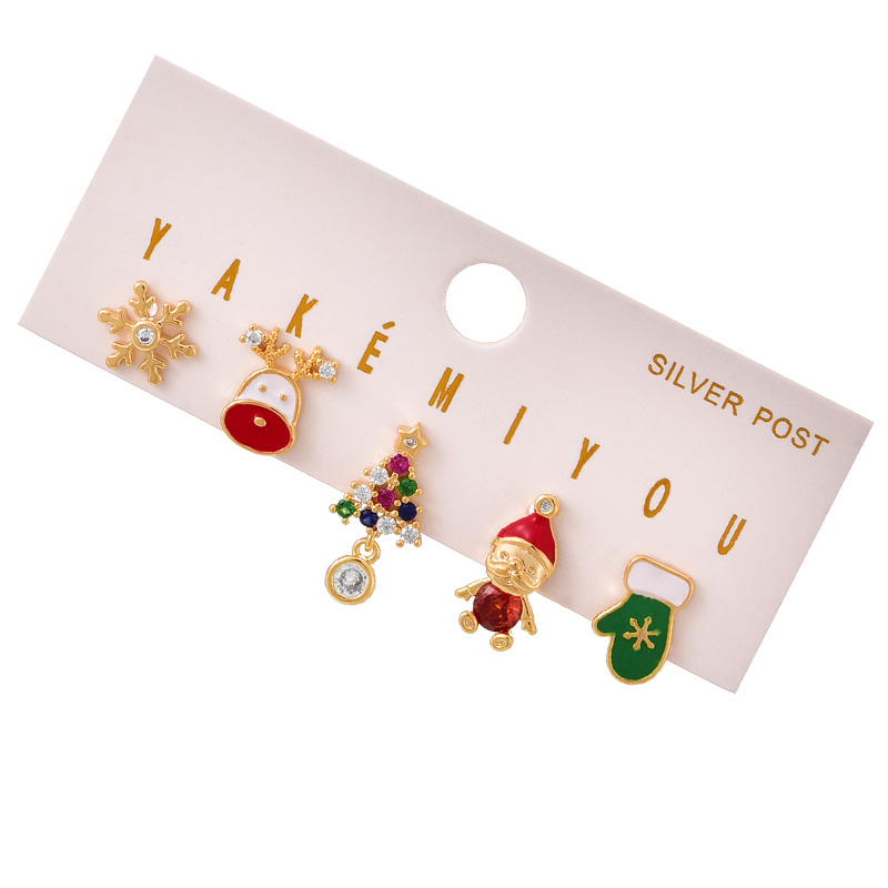 Fashion Color Copper Inlaid Zircon Drop Oil Christmas Series 5-piece Earring Set,Earring Set