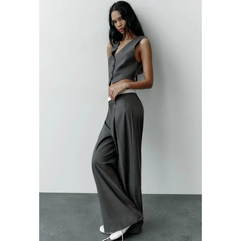 Fashion Grey Blended Micro-pleated Straight-leg Trousers,Pants