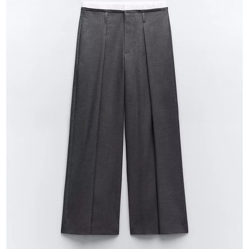 Fashion Grey Blended Micro-pleated Straight-leg Trousers,Pants