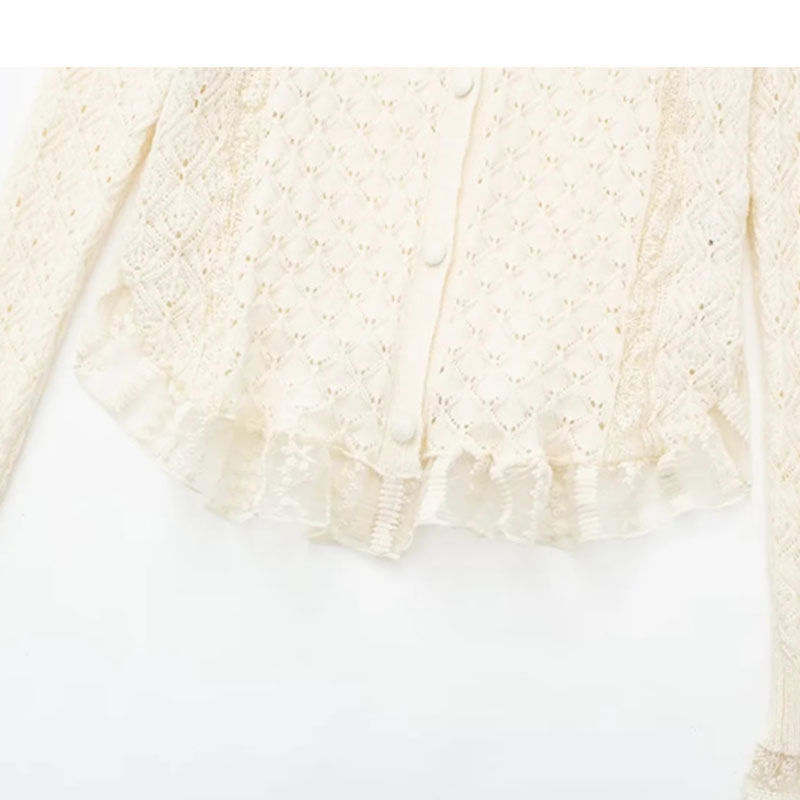 Fashion Off-white Lace Ruffled Knitted Cardigan,Coat-Jacket