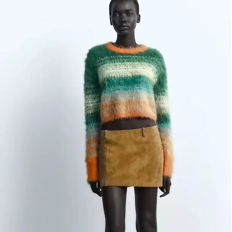 Fashion Brush Color Block Crew Neck Long Sleeve Sweater,Sweater