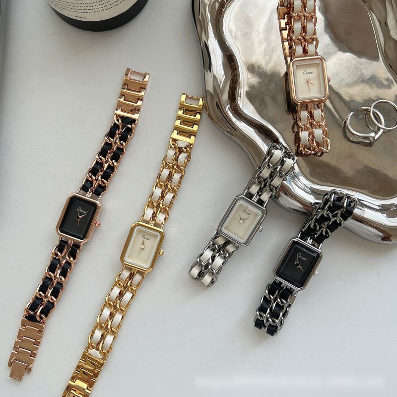 Fashion Black With Rose Gold Frame Stainless Steel Geometric Braided Chain Watch,Bracelets