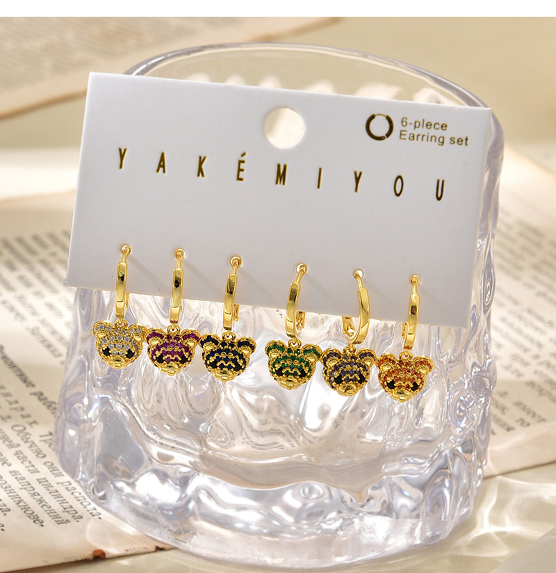 Fashion Color Copper Inlaid Zircon Bear Pendant Earring Set Of 6 Pieces,Earring Set
