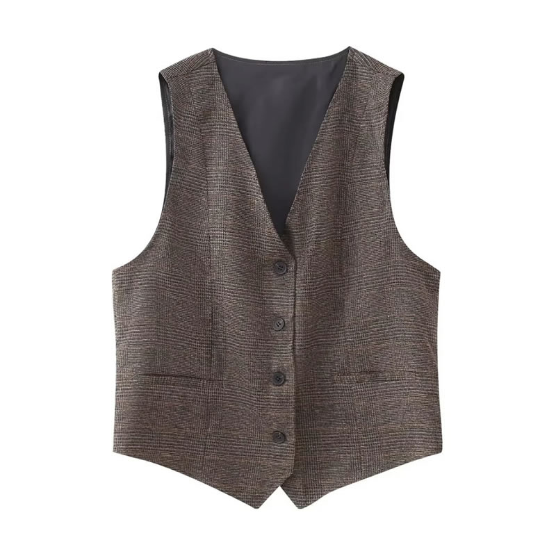 Fashion Brown Polyester Plaid Buttoned Vest,Coat-Jacket