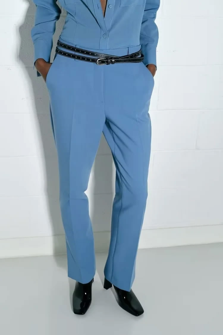 Fashion Blue Polyester Micro-pleated Straight-leg Trousers,Pants