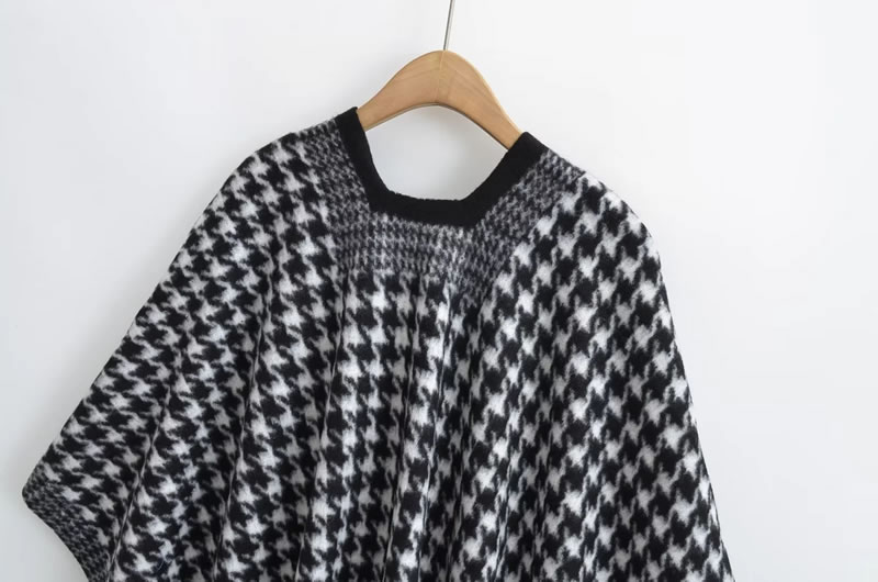Fashion Black Faux Cashmere Houndstooth Fringed Shawl,knitting Wool Scaves