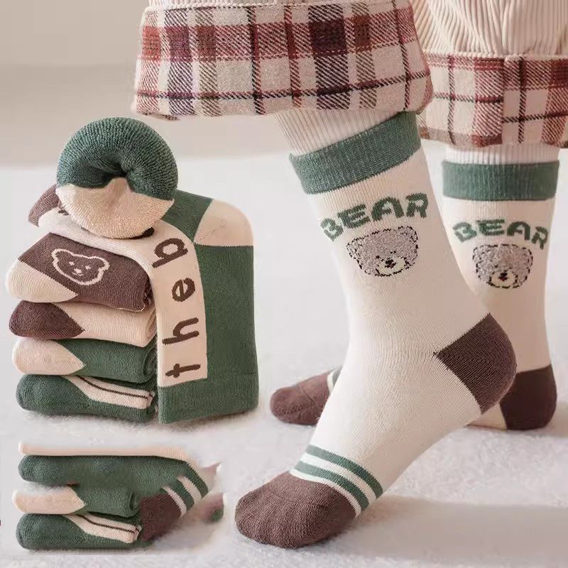 Fashion (new Winter Velvet Style) Green Bear-5 Pairs (class A Pure Cotton) Cotton Printed Children