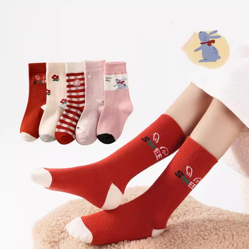 Fashion Forest Squirrel [autumn And Winter Extended Tube 5 Pairs] Cotton Printed Long Children