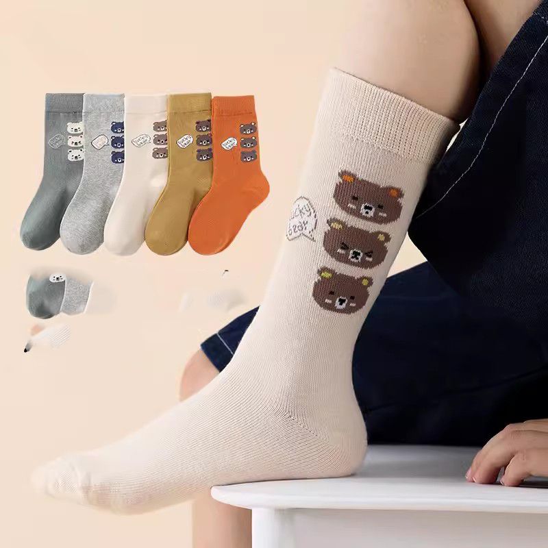 Fashion Holding Hands With Bears [5 Pairs Of Extra Long Tubes For Autumn And Winter] Cotton Printed Long Children