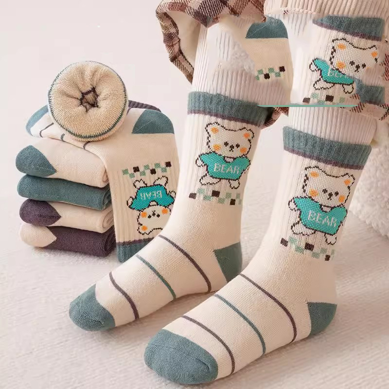 Fashion Hi Pi Xiong Bao [combed Cotton Extended Pack Of 5 Pairs] Cotton Knitted Childrens Mid-calf Socks,Kids Clothing