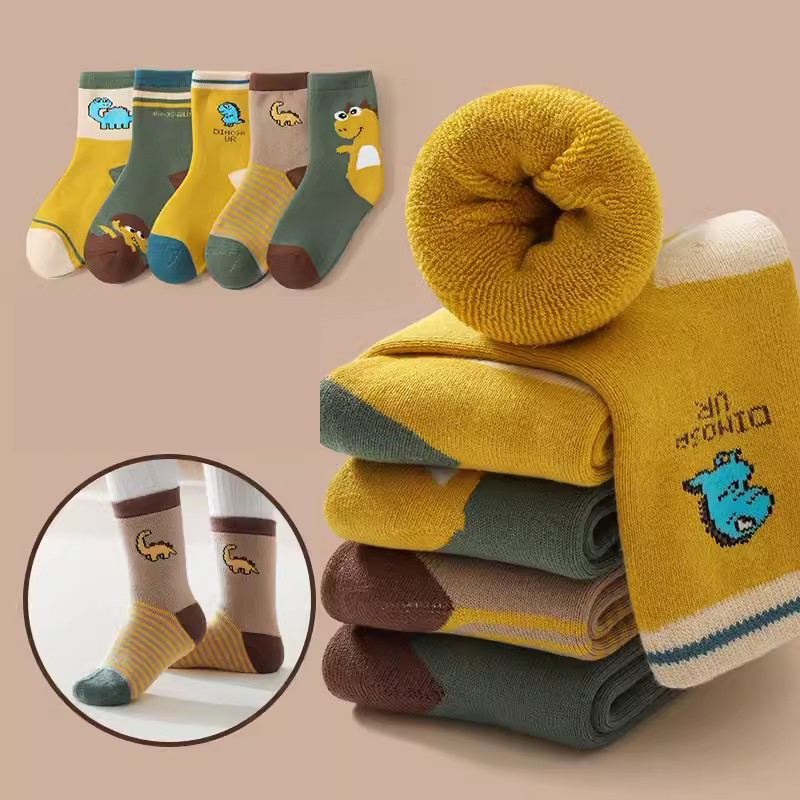 Fashion Hat Dinosaur [5 Pairs Of Velvet And Thickened Terry Socks] Cotton Knitted Childrens Mid-calf Socks,Kids Clothing
