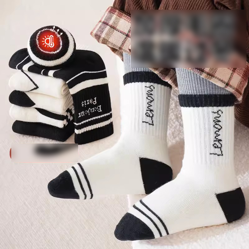 Fashion Peach Pink Letters-5 Pairs [new Winter Style Extra Thick Terry] Cotton Knitted Childrens Mid-calf Socks,Kids Clothing