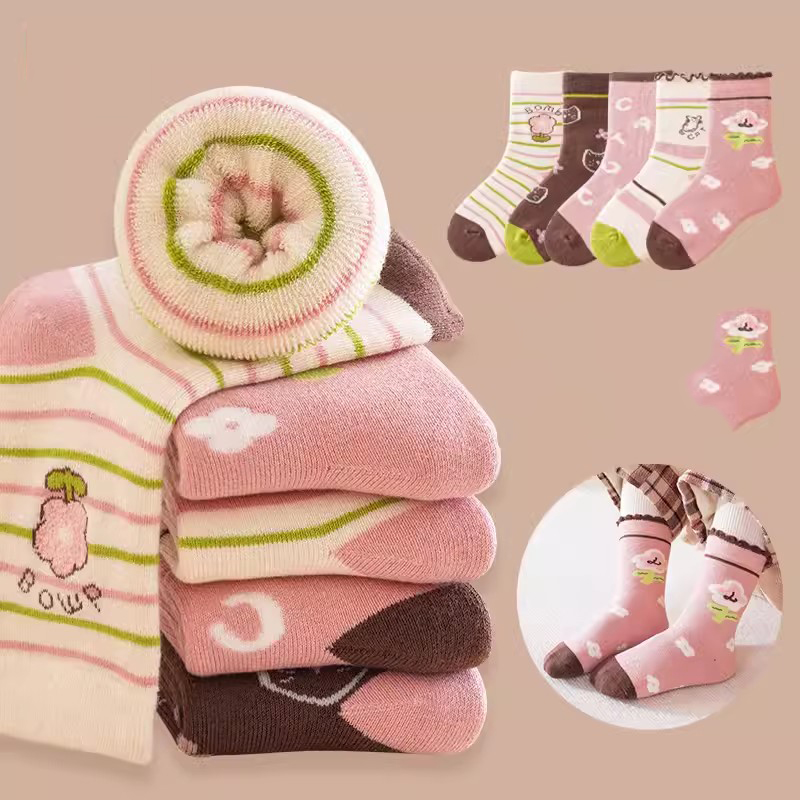 Fashion Cream Pink Rabbit-5 Pairs [new Winter Style Extra Thick Terry] Cotton Knitted Childrens Mid-calf Socks,Kids Clothing