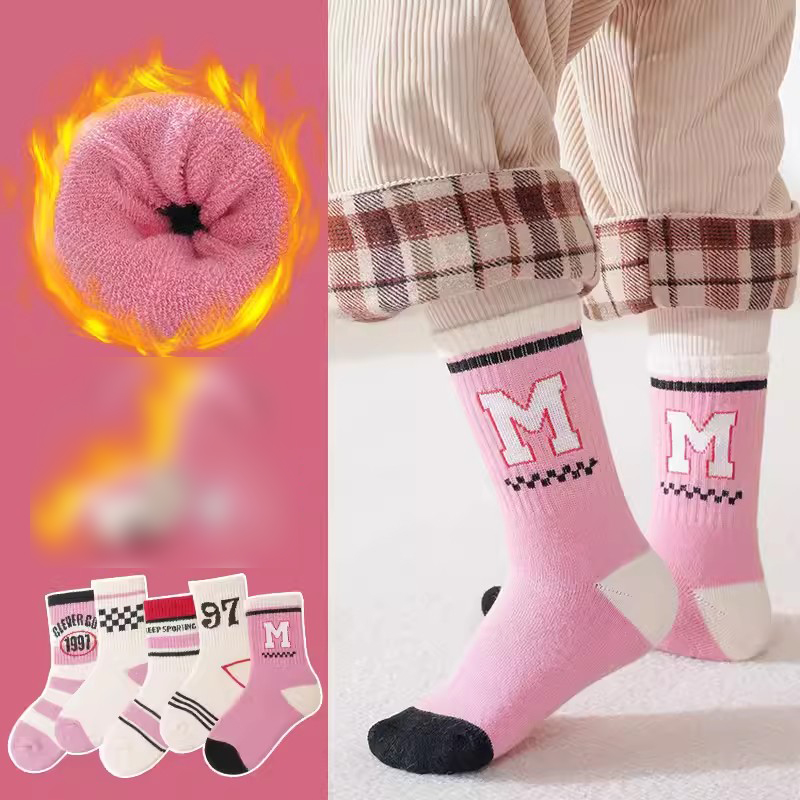Fashion Pink Princess-5 Pairs [new Winter Style Extra Thick Terry] Cotton Knitted Childrens Mid-calf Socks,Kids Clothing