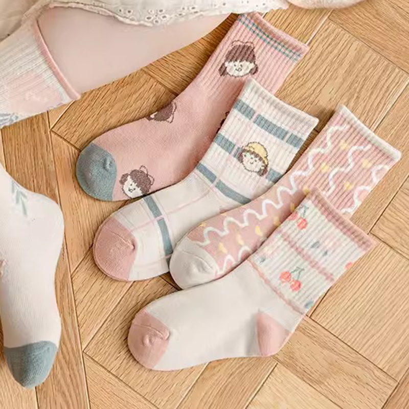 Fashion Pink Love-5 Pairs [autumn New Type A Pure Cotton] Cotton Knitted Childrens Mid-calf Socks,Kids Clothing