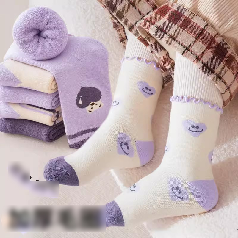 Fashion Night Purple Flower-5 Pairs [autumn New Type A Pure Cotton] Cotton Knitted Childrens Mid-calf Socks,Kids Clothing