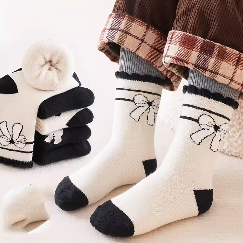 Fashion Bow Princess-5 Pairs [new Winter Style Extra Thick Terry] Cotton Knitted Childrens Mid-calf Socks,Kids Clothing