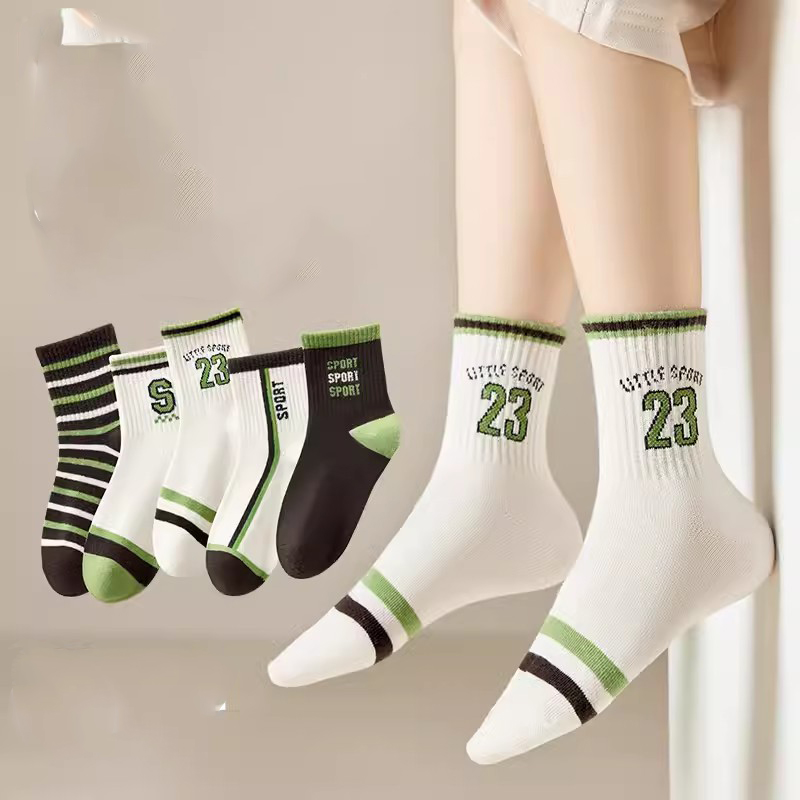 Fashion Numbers And Letters [5 Pairs Of Autumn Sports Socks] Cotton Knitted Childrens Mid-calf Socks,Kids Clothing
