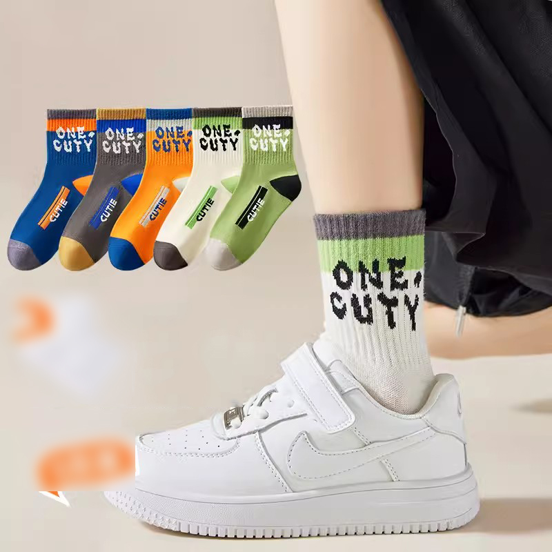 Fashion Black And White Letters [5 Pairs Of Autumn Sports Socks] Cotton Knitted Childrens Mid-calf Socks,Kids Clothing