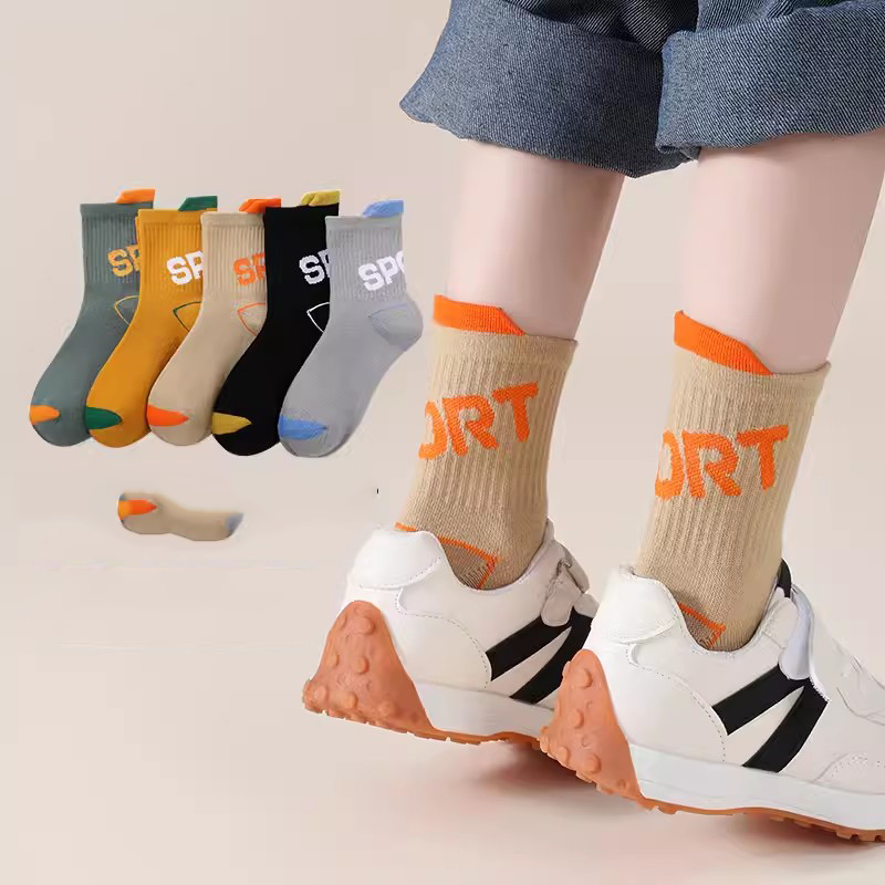 Fashion Riding The Wind And Waves [5 Pairs Of Autumn Sports Socks] Cotton Knitted Childrens Mid-calf Socks,Kids Clothing