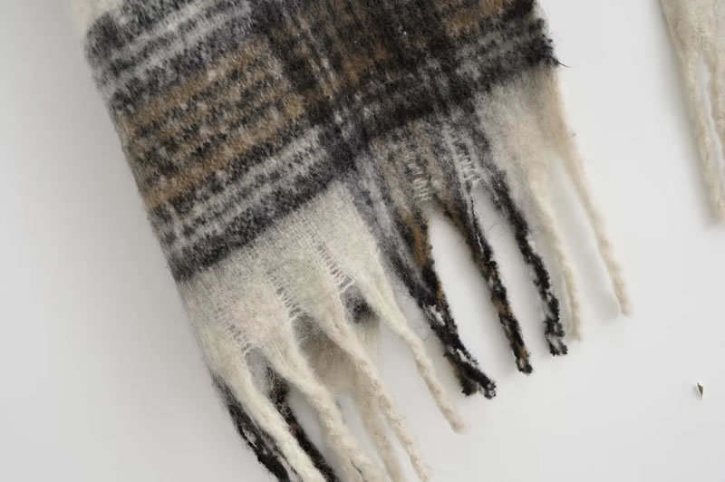 Fashion Milky Coffee Color Polyester Plaid Fringed Scarf,knitting Wool Scaves