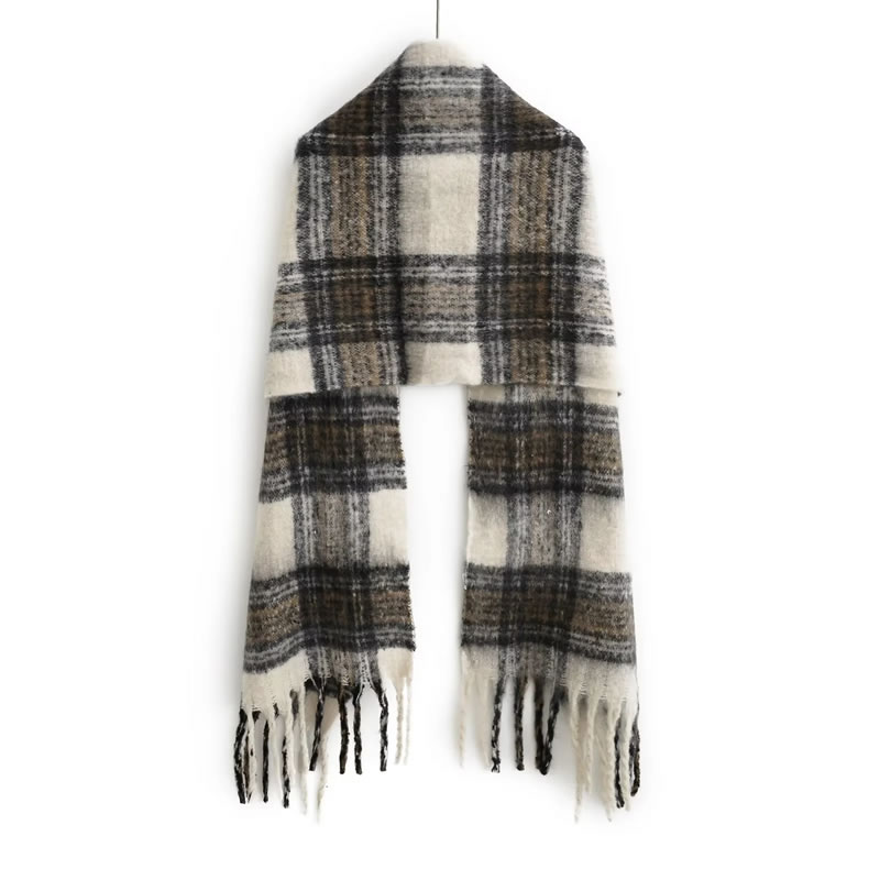 Fashion Milky Coffee Color Polyester Plaid Fringed Scarf,knitting Wool Scaves